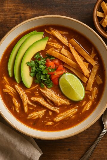 bowl of chicken tortilla soup, small bowl of tortilla strips on a rustic wood table