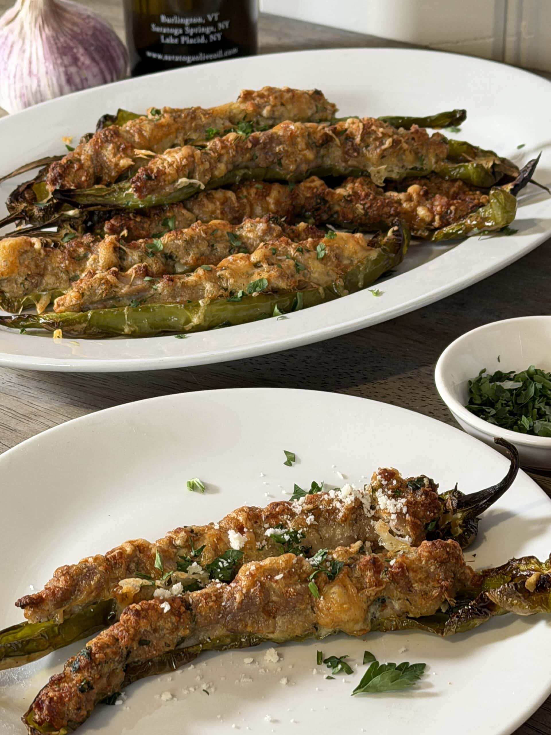 Baked Italian sausage stuffed long hot peppers