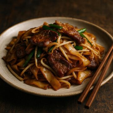 Beef chow fun with wide rice noodles, tender beef, and bean sprouts in a glossy soy glaze.