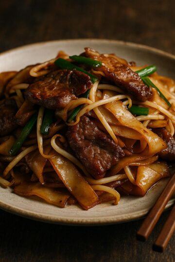 Beef chow fun with wide rice noodles, tender beef, and bean sprouts in a glossy soy glaze.