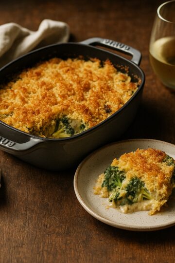 Golden, cheesy broccoli casserole with buttery cracker topping in a staub baking dish.