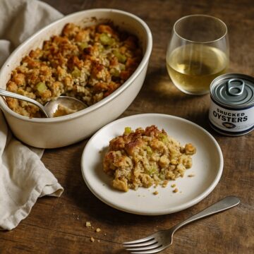 Golden oyster stuffing baked with herbs and buttery bread cubes in a rustic casserole dish.