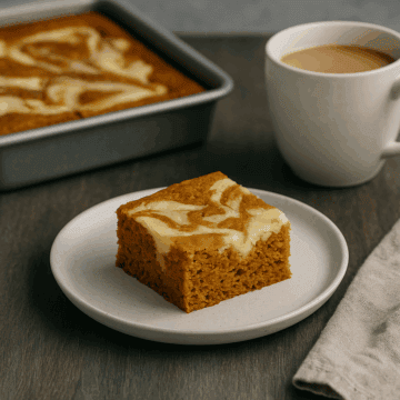 Close-up of pumpkin cake with creamy cheesecake layer