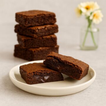 Stack of fudgy brownies with gooey chocolate centers on a white plate.