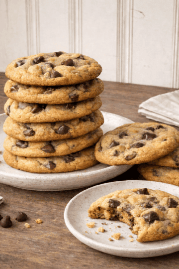 Chewy chocolate chip cookies with a soft center, stacked on a plate with a bitten cookie and crumbs on a rustic wooden kitchen counter