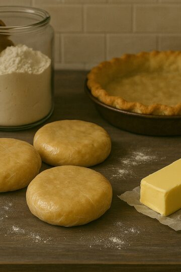 cold wrapped pie crust on the counter, blind baked pie crust in the background, jar of flour and block of butter on the counter