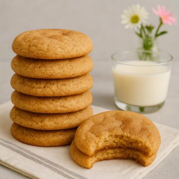 Stack of snickerdoodle cookies with cinnamon-sugar coating and crackled tops.