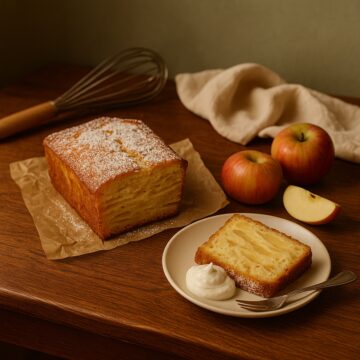 french apple loaf cake on parchment wiht a slice of french apple loaf cake on a plate next to whole apples