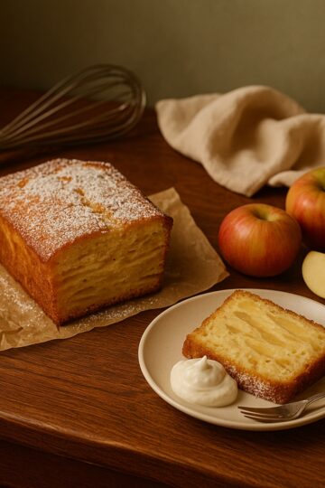 french apple loaf cake on parchment wiht a slice of french apple loaf cake on a plate next to whole apples