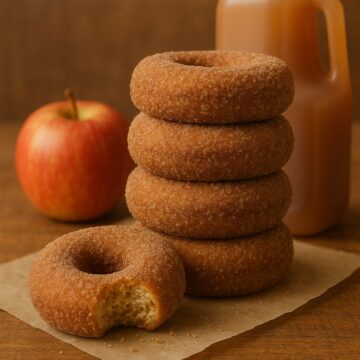 stack of cider dounuts, apple cider and whole apple in the background, on a rustic wood table