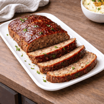 classic american meatloaf on a plater, holding together showing moist interior from panade technique