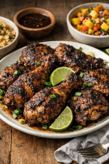 Caribbean jerk chicken with charred spice crust, lime wedges, and mango salsa on rustic wood table, daylight food photography