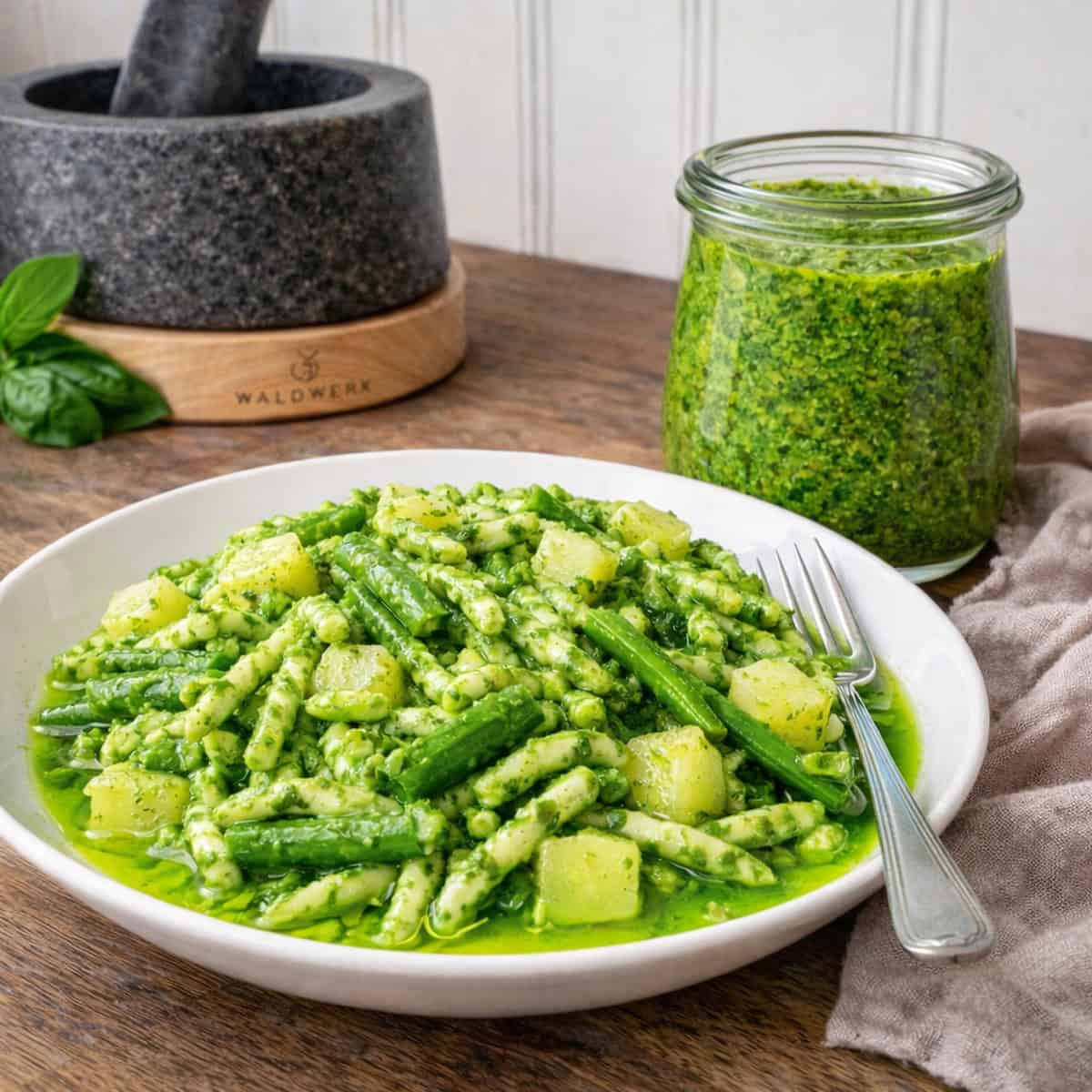 lugarian pesto with troffiepasta, white bowl wood counter top