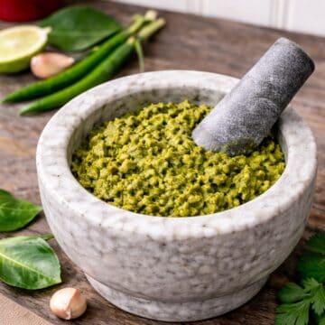 Thai Green curry paste in a mortar and pestal