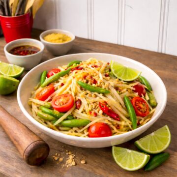 thai papya salad on a woold counter