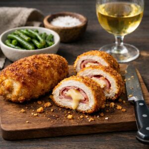 Homemade chicken cordon bleu sliced to show ham and Gruyère filling, served on a cutting board with green vegetables and white wine.