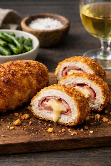Homemade chicken cordon bleu sliced to show ham and Gruyère filling, served on a cutting board with green vegetables and white wine.
