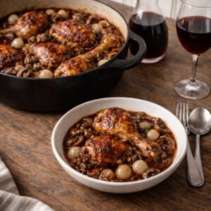 Authentic Coq au Vin recipe with chicken braised in Burgundy wine, lardons, mushrooms, and pearl onions. Classic French technique, step by step.