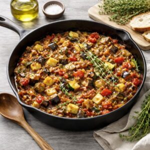 Classic French ratatouille with eggplant, zucchini, tomatoes, and herbs served in a cast iron skillet on a light grey wood surface