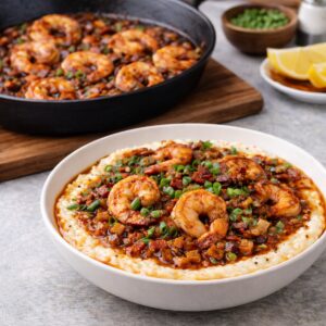 Pan-seared shrimp and creamy stone-ground grits in a shallow bowl with bacon pan sauce, alongside a cast iron skillet on a grey-ountertop.