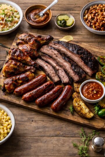 grill and bbq feast of ribs, sausage, chicken on a wood table
