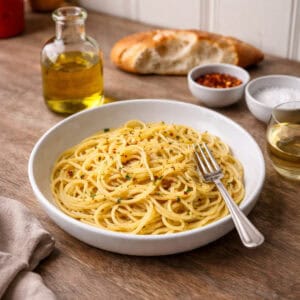 Spaghetti aglio e olio in a white bowl with olive oil bottle, chili flakes, finishing salt, torn loaf of bread, wine glass, and fork on a rustic wooden countertop