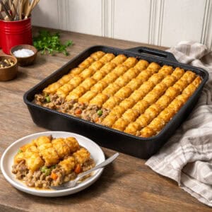 Midwest tater tot hotdish baked in a square cast iron skillet on a grey-stained oak butcher block counter, topped with crispy golden tots, with a scoop served on a small white plate in front.