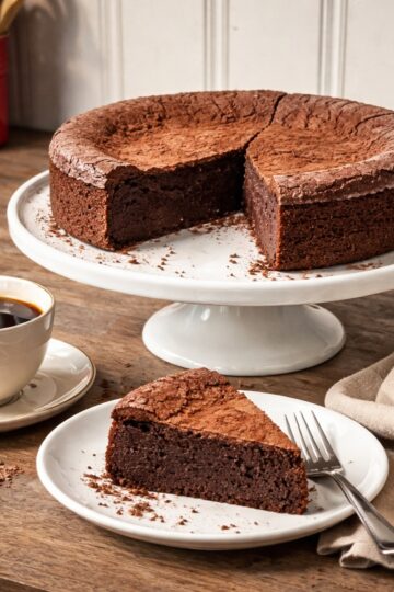 Flourless chocolate decadence cake on a white pedestal with a slice removed, plated slice in front with fork and black coffee on a wooden countertop