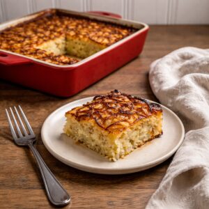 potato kugel in a red cassarole dish, small plate with single serving, fork and napkin on a wood counter top