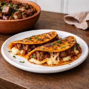Grilled birria tacos with melted cheese on a white plate, served on a rustic wood countertop with a bowl of braised beef in the background