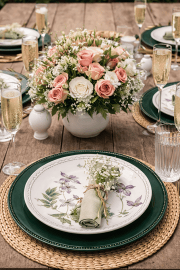 Mother’s Day table setting with wood farmhouse table, dark green chargers, rattan placemats, Portmeirion plates, low floral centerpiece, and champagne flutes