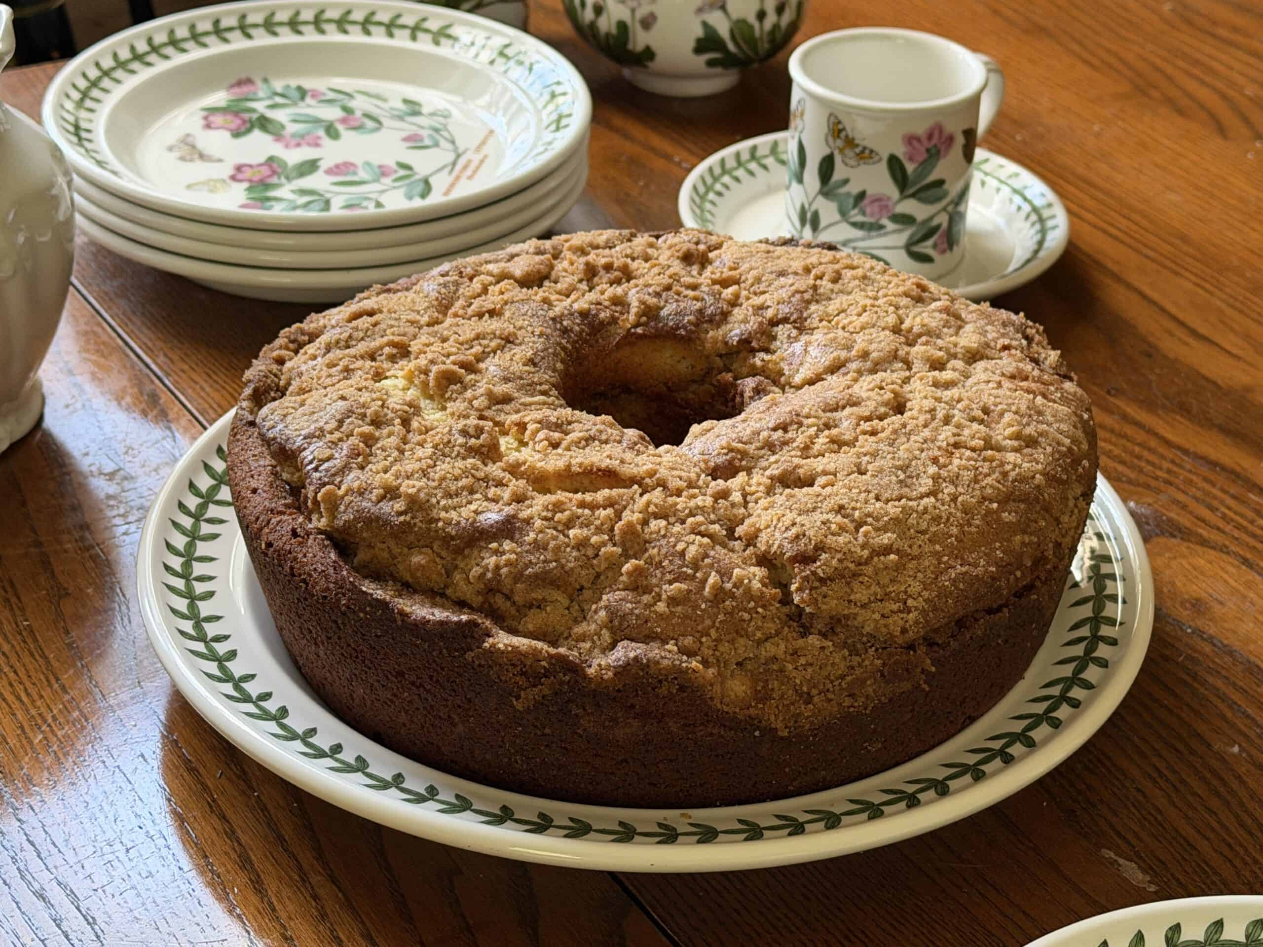 Dense New England coffee cake with cinnamon crumb topping