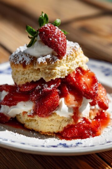 strawberry shortcake, mascerated strawberries, whip cream outside wood tabel