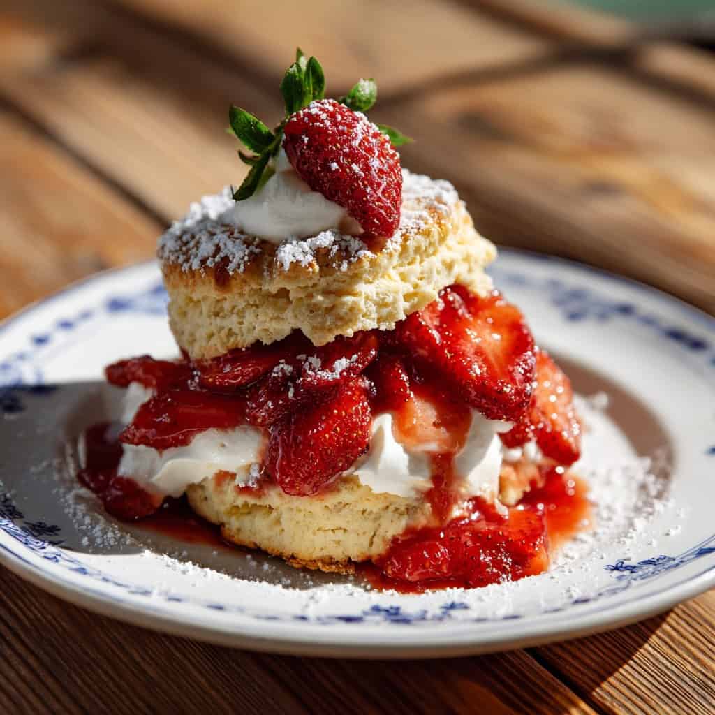 strawberry shortcake, mascerated strawberries, whip cream outside wood tabel