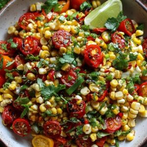 raw corn salad with roasted red peppers, cherry toamtoes and scallions,