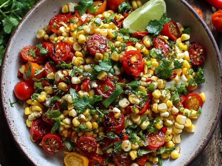 raw corn salad with roasted red peppers, cherry toamtoes and scallions,