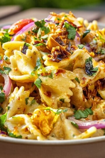 indian bowtie pasta salad with cherry tomatoes, cashews, toasted coconut and curratns, white bowl on a wood table