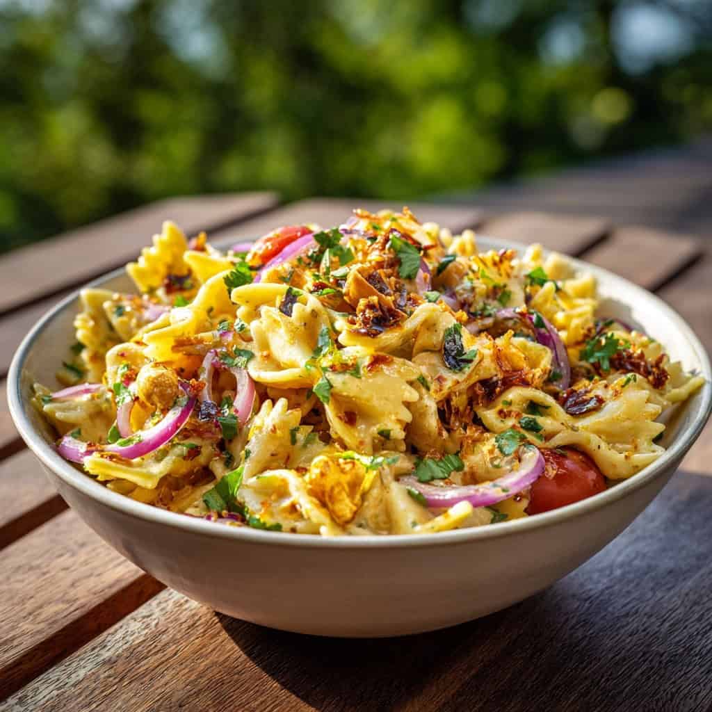 indian bowtie pasta salad with cherry tomatoes, cashews, toasted coconut and curratns, white bowl on a wood table