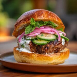 mergues lamb burger on brioche roll, cucumbers, pickled onions