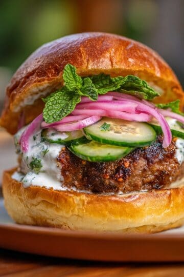 mergues lamb burger on brioche roll, cucumbers, pickled onions