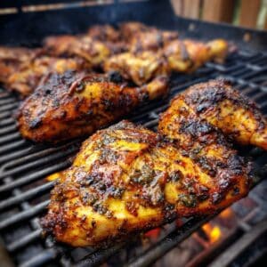 BBQ chicken on a grill, showing the glossy bbq sauce