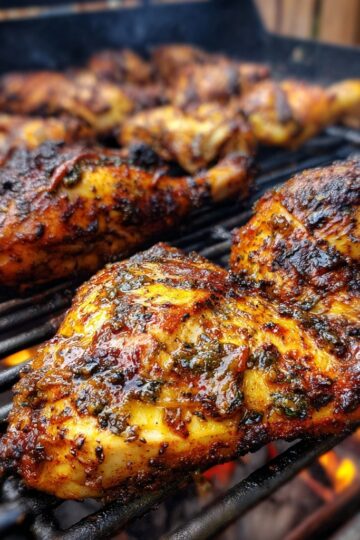 BBQ chicken on a grill, showing the glossy bbq sauce