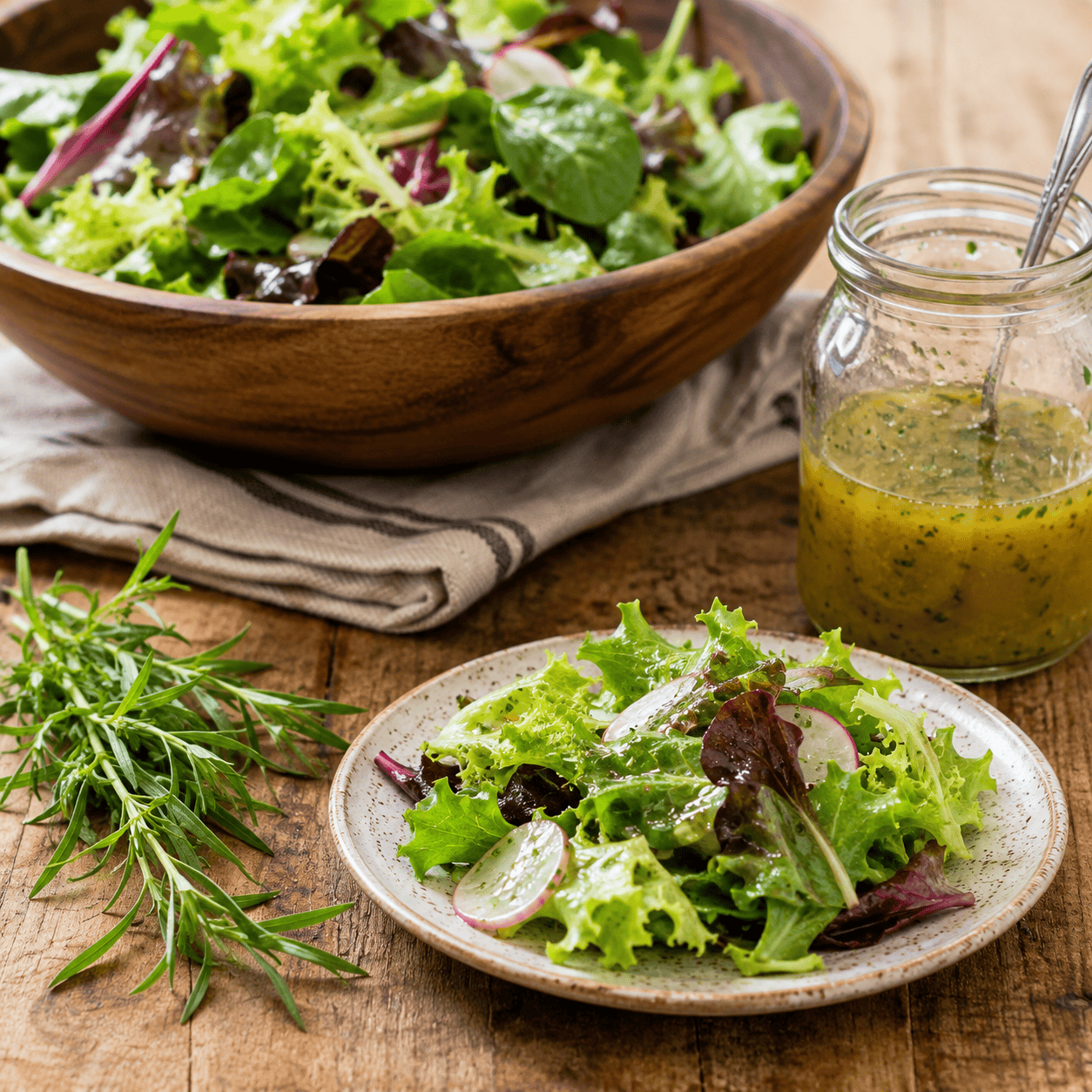 bowl of mixed greens, plate of salad with tarragon dressing, jar of tarragon dressing on a wood counter