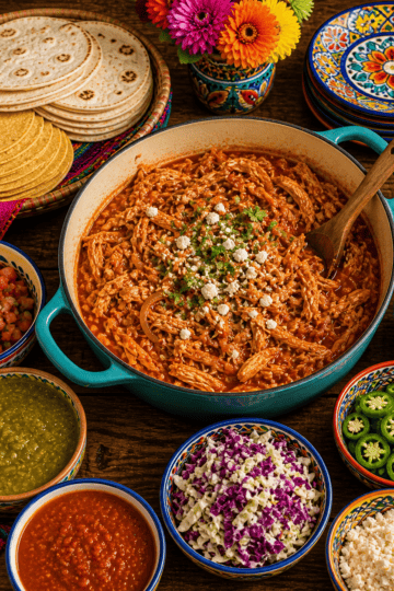 Cinco de mayo table of chicken tinga, tortillas, and toppings, colorful plates