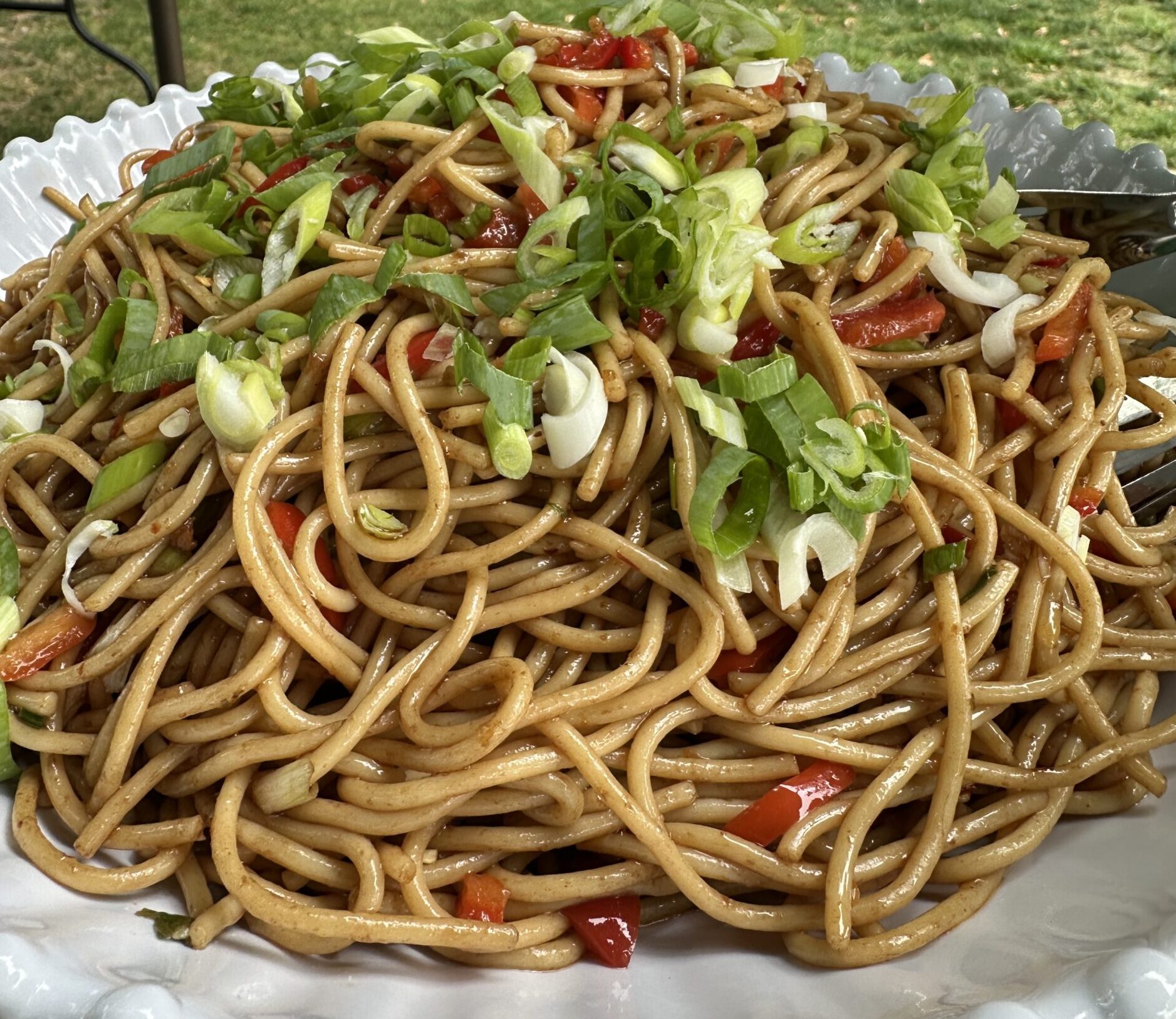 cold asian sesame noodle salad, white bowl on a picnic table