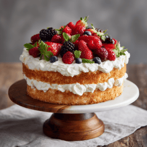 angle food cake with fresh marscapone cream on a wood and marble pedistal cake plate, linen and wood counter