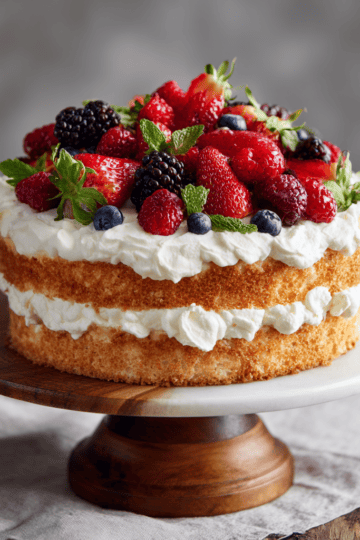 angle food cake with fresh marscapone cream on a wood and marble pedistal cake plate, linen and wood counter