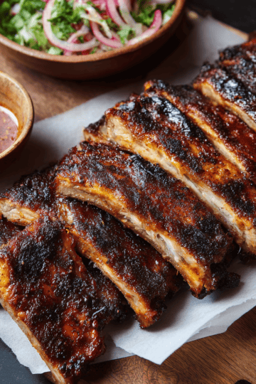 white platter of cut st louis style ribs, small green salad in the backgound, side dish of apple cider vinegar sauce