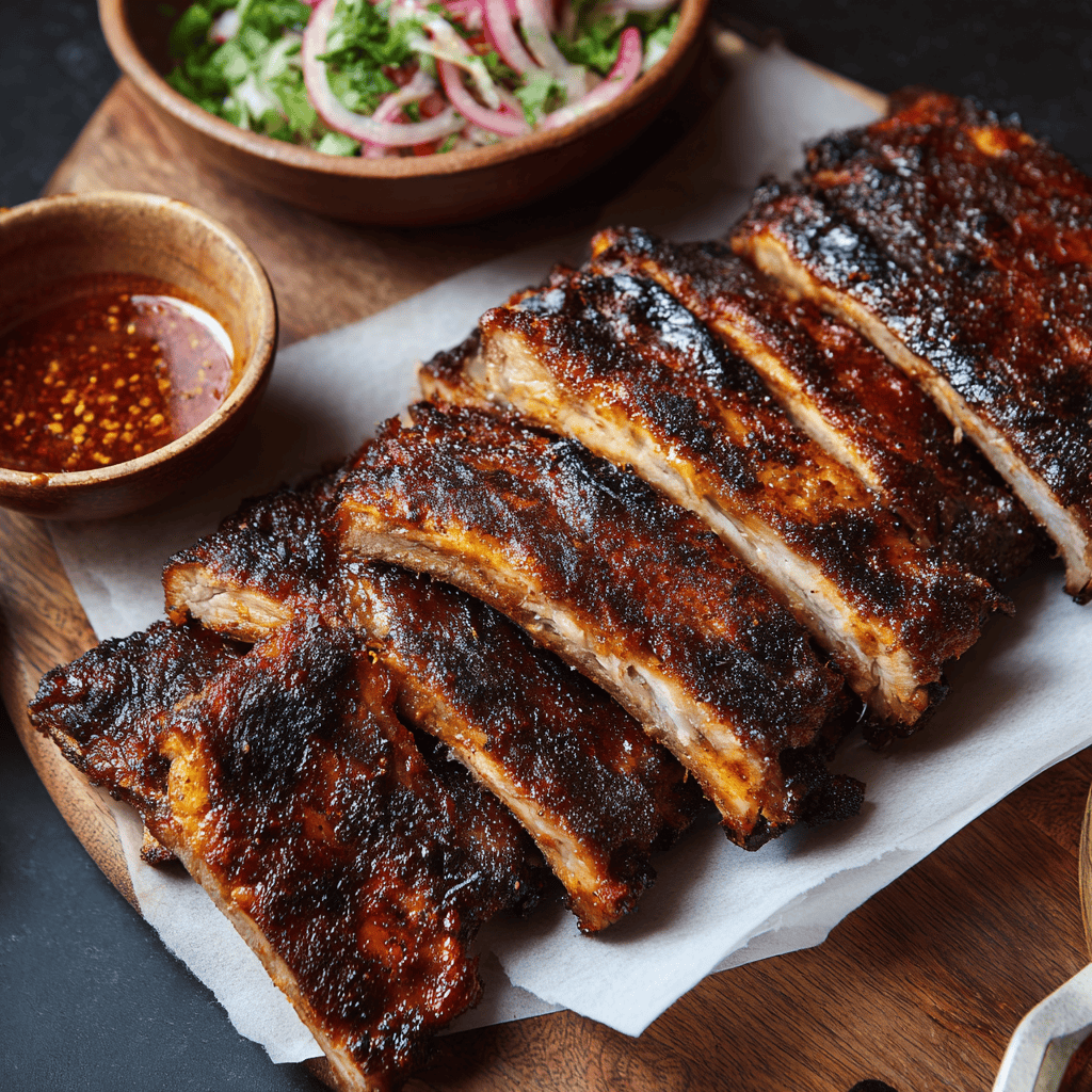 white platter of cut st louis style ribs, small green salad in the backgound, side dish of apple cider vinegar sauce