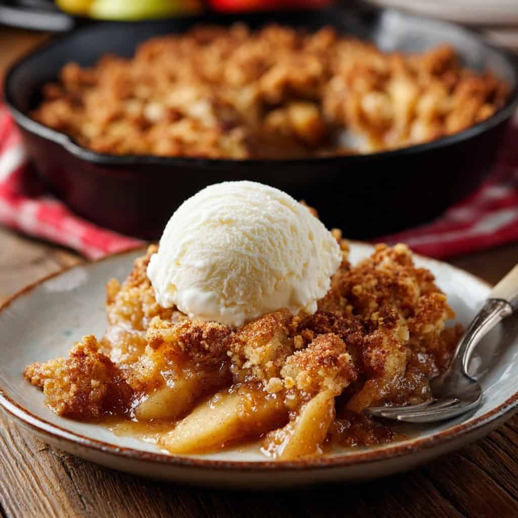 apple brown betty with vanilla ice cream, skillet of apple brown betty in the background
